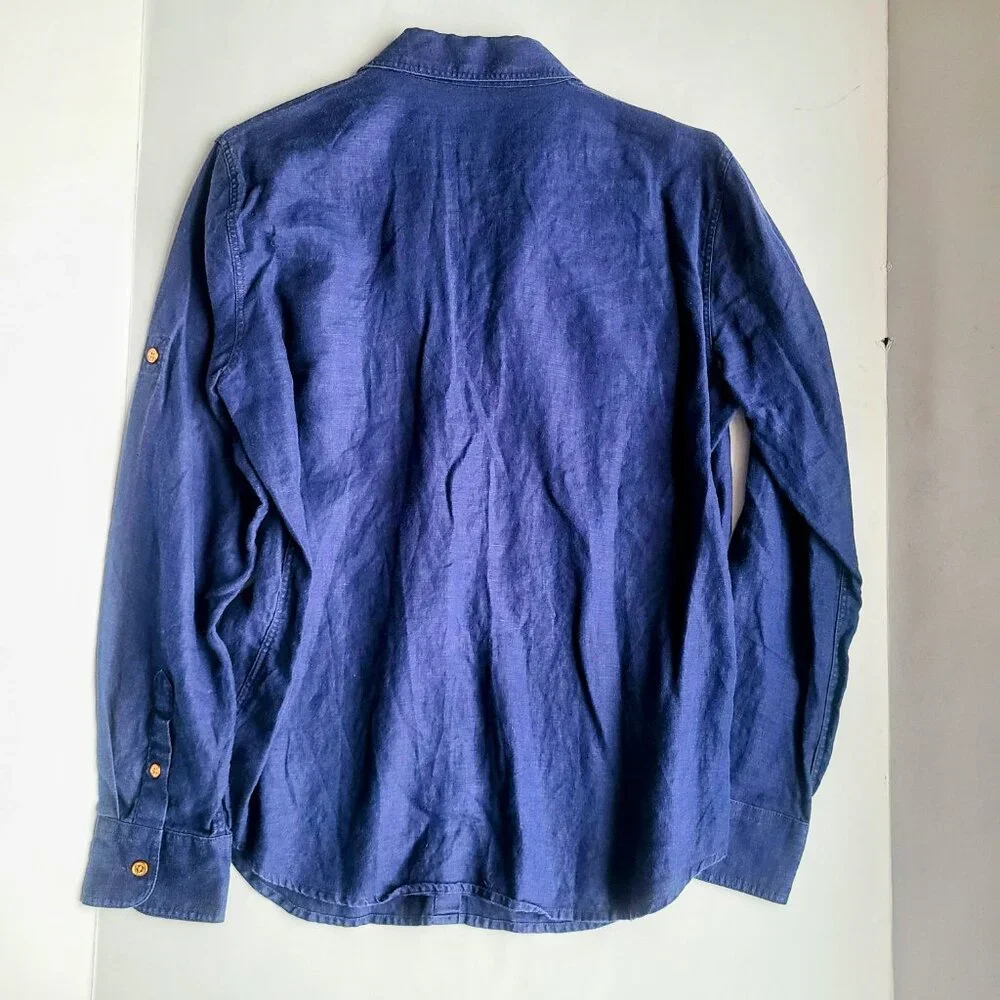 Lauren Ralph Lauren Navy Blue Linen Long Sleeve Button Down Shirt Size Medium - Picture 9 of 13